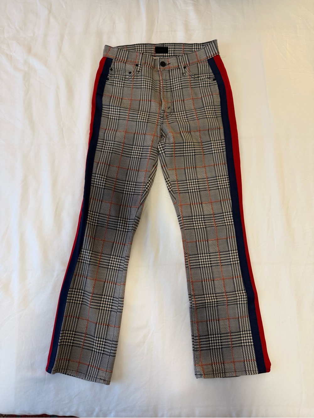 MOTHER plaid pants with blue/red side stripe detail